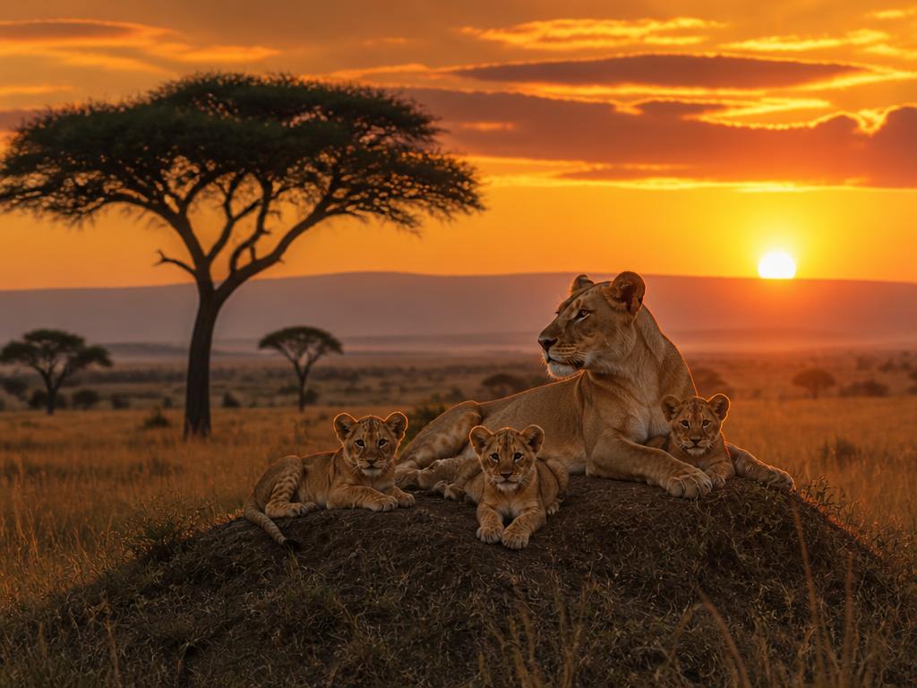 Lioness with cubs resting on a termite mound at dawn in the Masai Mara