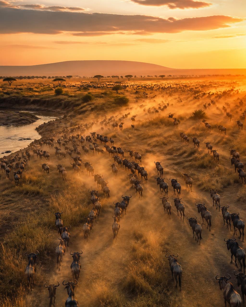 Golden-hour aerial view of wildebeest crossing the Maasai Mara savanna